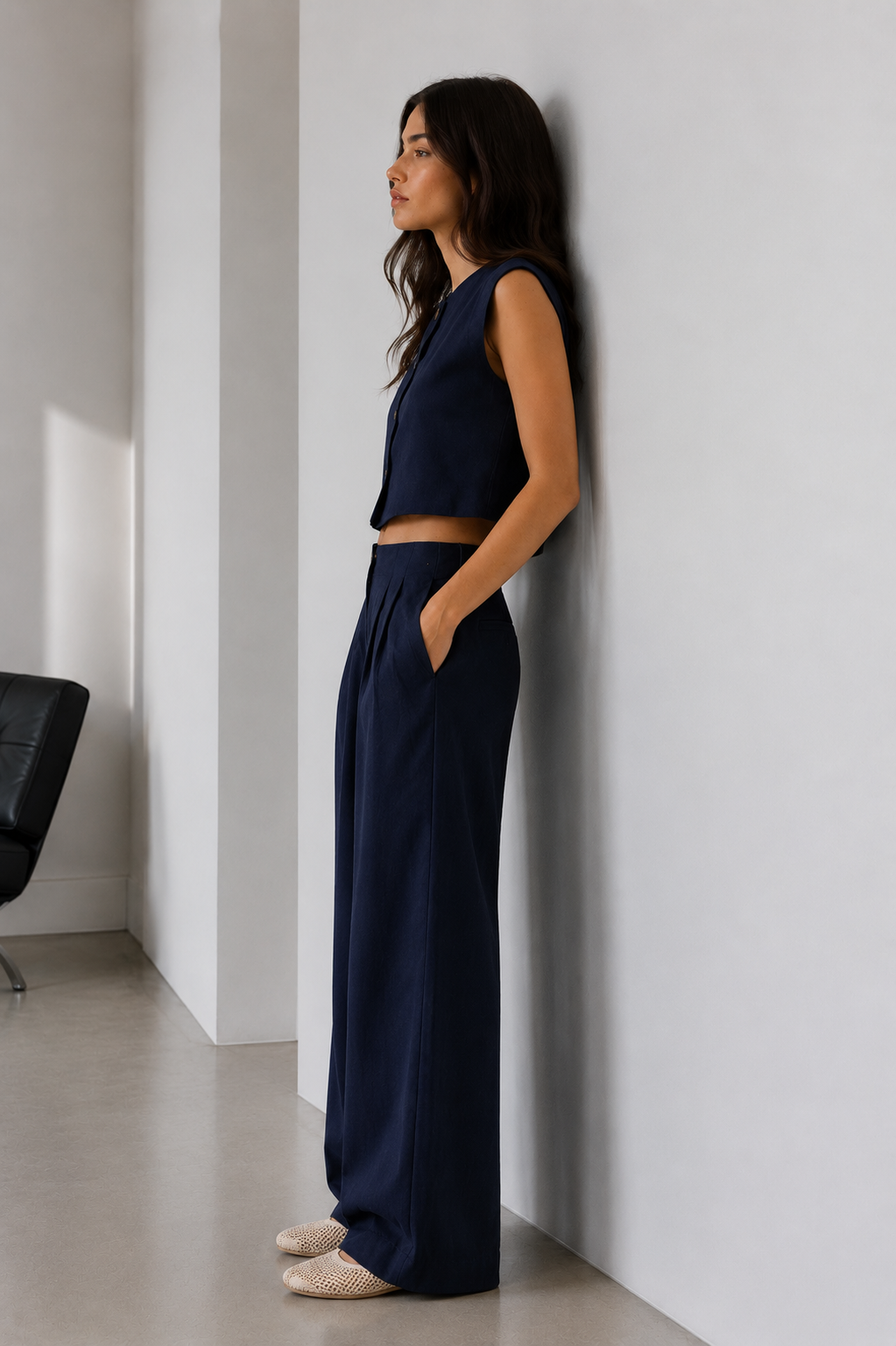 Lacivert Keten Karışımlı Relax Fit Kadın Takım