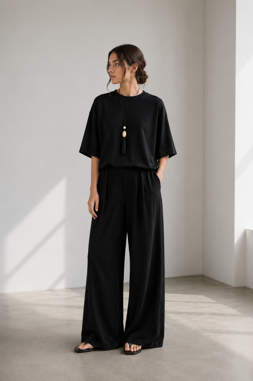 Siyah Modal Karışımlı T-Shirt Pantolon Takım